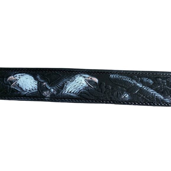 Full Grain Cowhide Black Leather Painted Embossed Eagle Belt 7 Holes - Picture 3 of 7